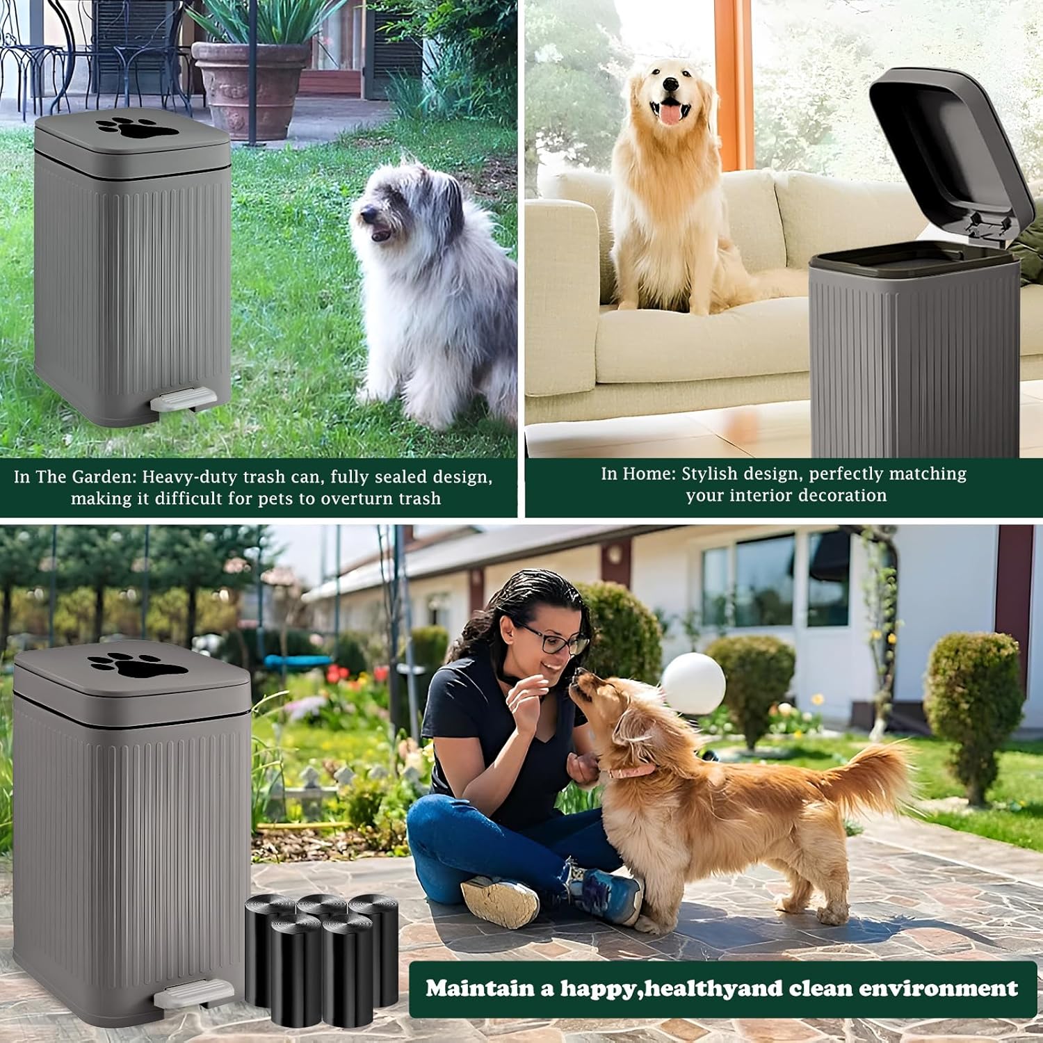 Dog Poop Trash Can Outside, 5L/1.3 Gal Pet Poop Bucket with Lid, Foot Pedal, Dog Waste Container with 40 Bags, Lid Soft Close for Pet, Grey